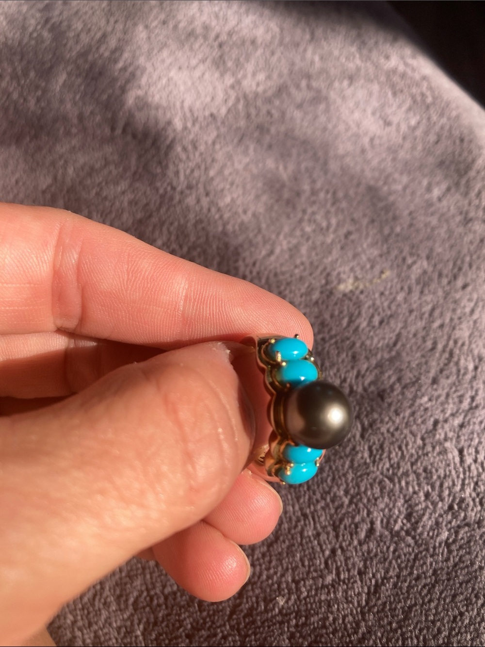 genuine sleeping beauty turquoise and Tahitian black pearl ring